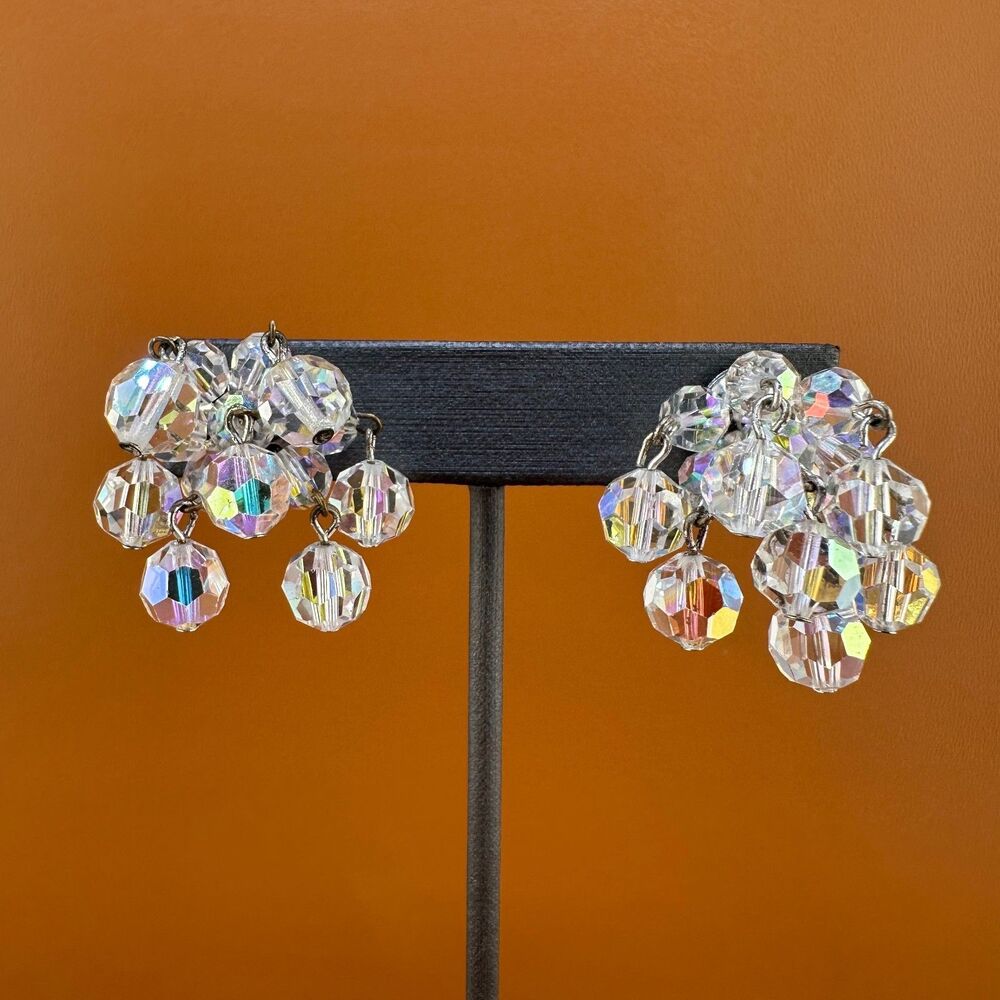 Vintage Aurora Borealis Earrings Clear Faceted Crystal Clip On Cluster Cha Cha